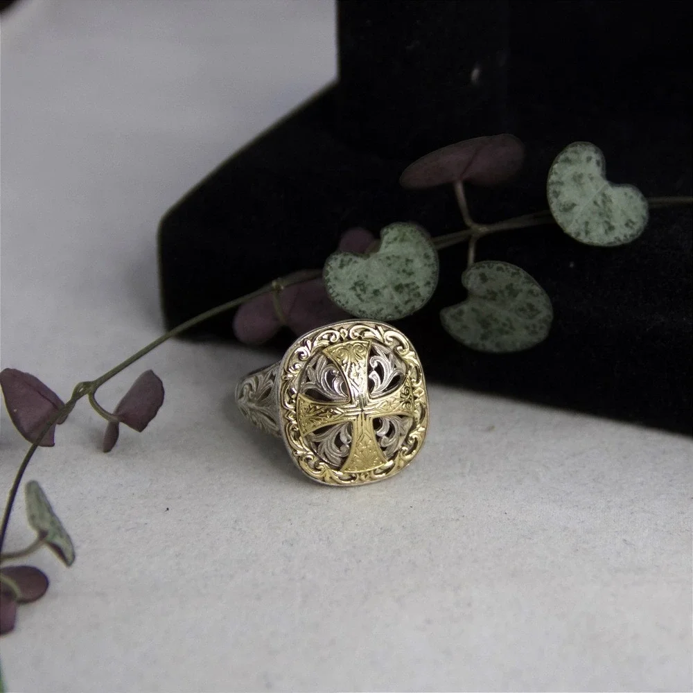 Konstantino Sterling Silver 18k Gold Maltese Cross Filigree Ring Size 12.5